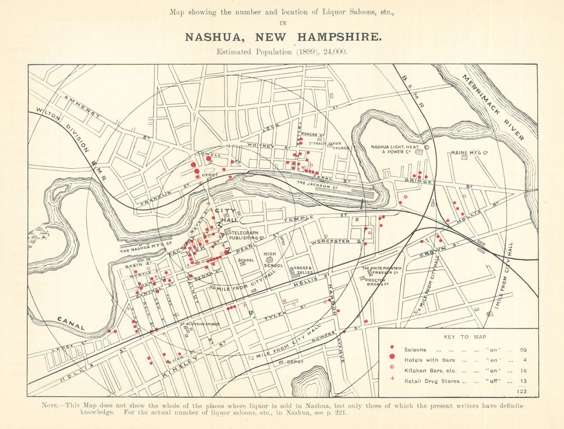 Nashua, New Hampshire liquor saloons. Temperance/Prohibition/drink map 1899: Title: Nashua, New Hampshire liquor saloons. Temperance/Prohibition/drink map 1899 Description: Map showing the number and location of Liquor Saloons, etc., in Nashua, New Hampshire'. Published in