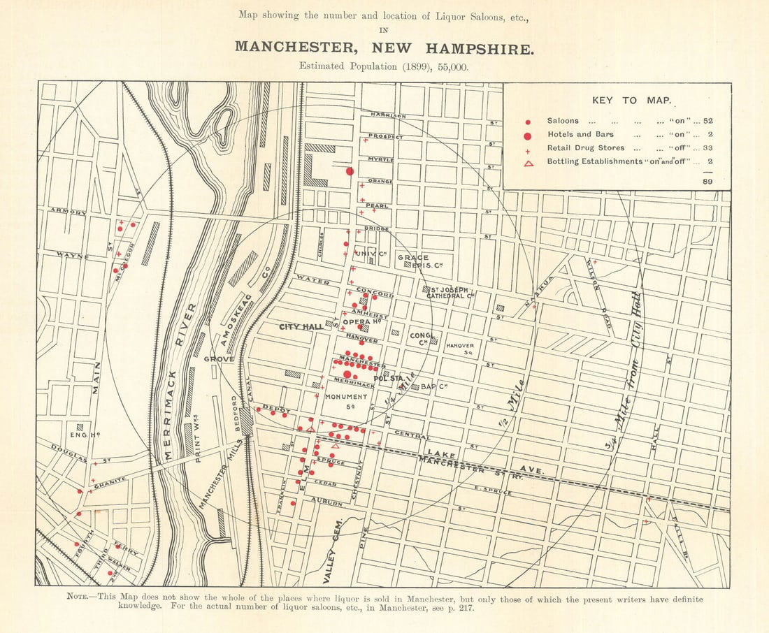 Manchester, New Hampshire liquor saloons. Temperance/Prohibition/drink map 1899 (1 of 1)