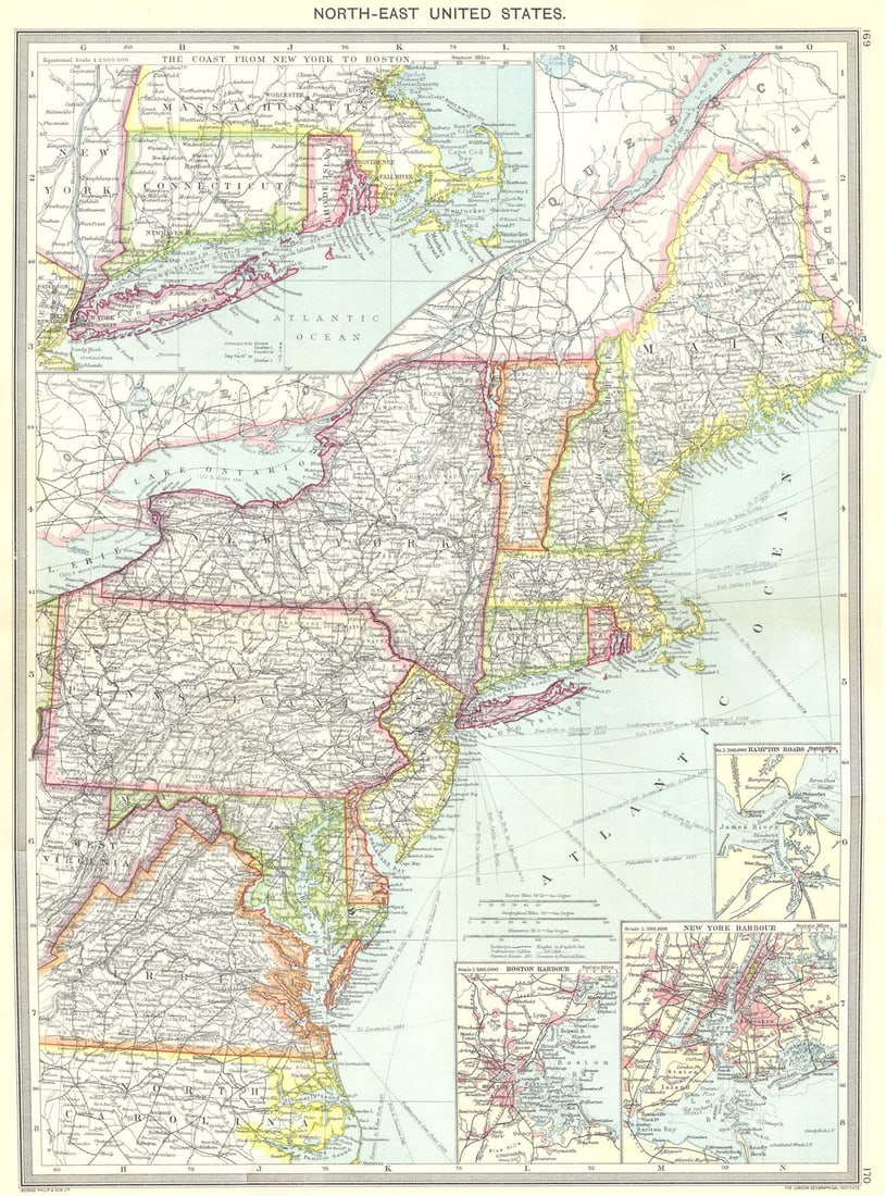 USA. North-east US; Coast New York-Boston; Hampton roads; Harbour 1907 old map (1 of 1)