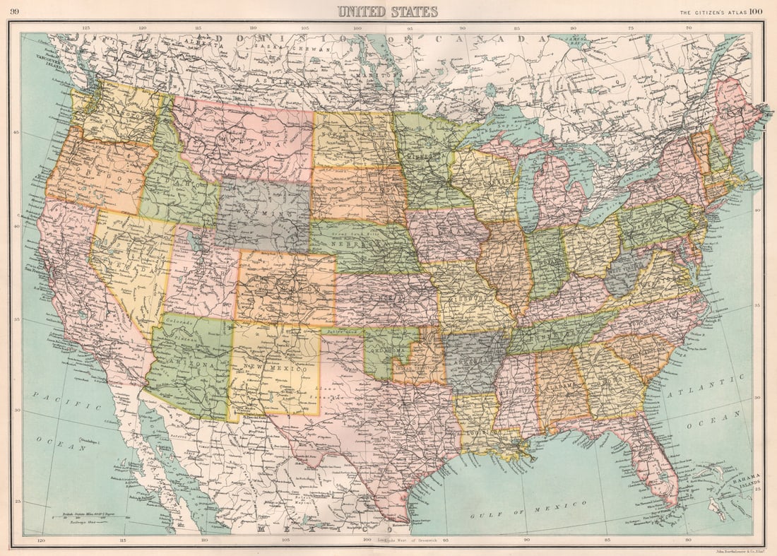 USA. United States showing states. BARTHOLOMEW 1898 old antique map plan chart (1 of 1)