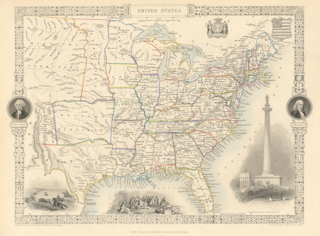 UNITED STATES. 31 states+Missouri/Western/Nebraska Terr.TALLIS/RAPKIN 1851 map (1 of 1)
