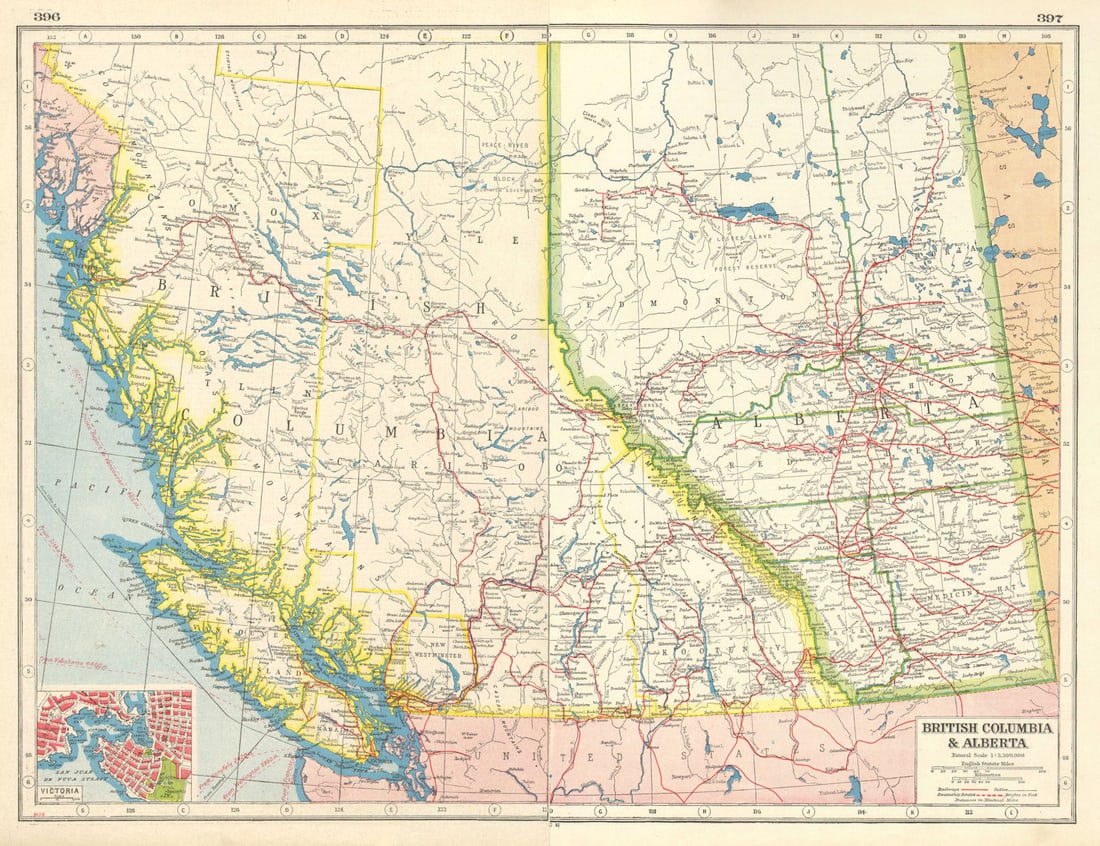 CANADA WEST. British Columbia & Alberta. Victoria plan. Railways 1920 old map (1 of 1)