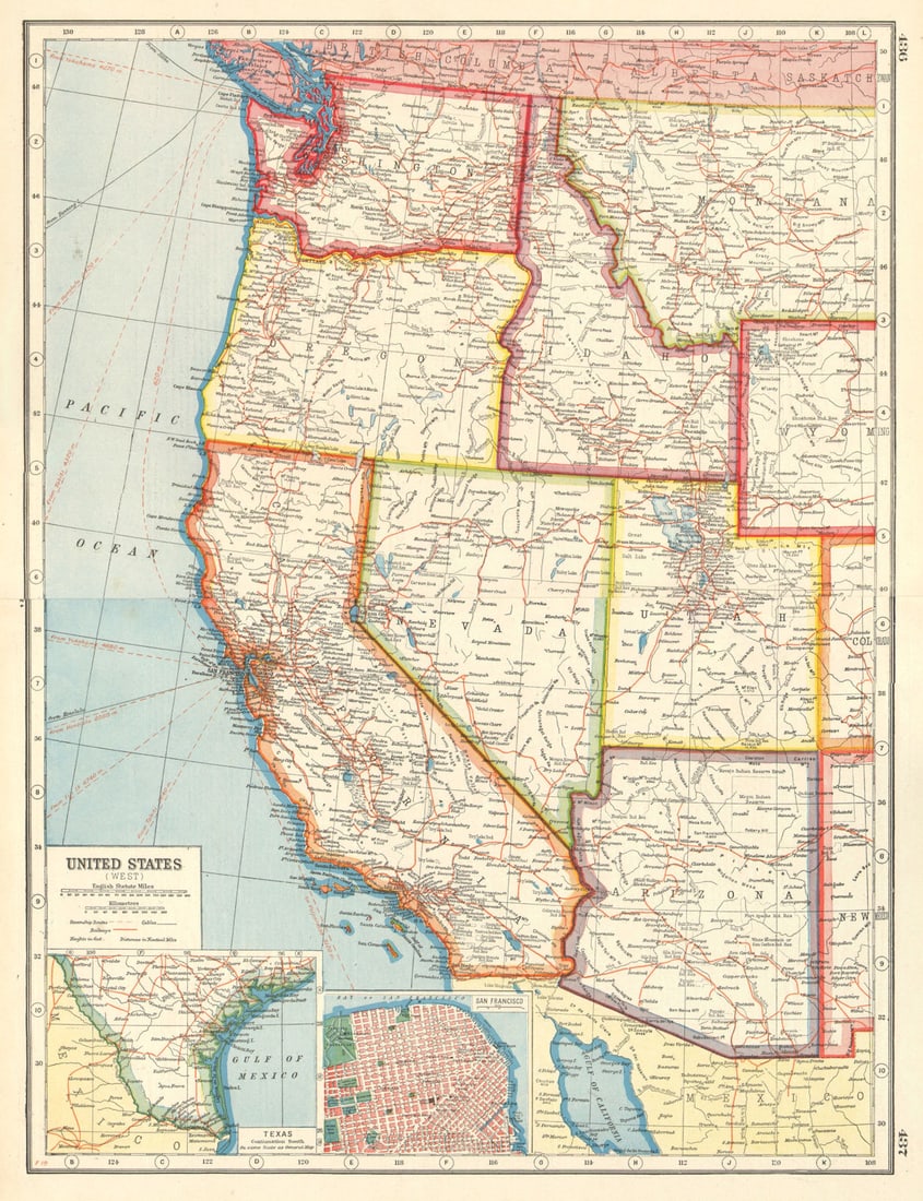 USA WEST. California AZ UT NV WA OR ID. San Francisco. United States 1920 map: Title: USA WEST. California AZ UT NV WA OR ID. San Francisco. United States 1920 map Description: United States (West); Inset map of Texas; San Francisco' by Harmsworth. Published 1920. Vintage colour