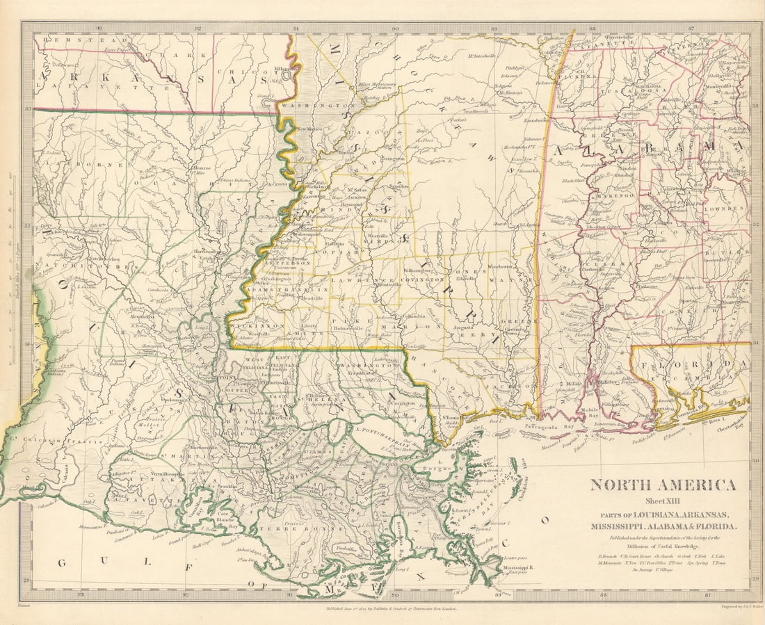 US GULF COAST.Louisiana Mississippi Alabama FL. Indian villages. SDUK 1844 map (1 of 1)