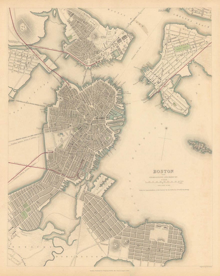 BOSTON WITH CHARLESTOWN AND ROXBURY. Antique town city map plan. SDUK 1844 (1 of 1)