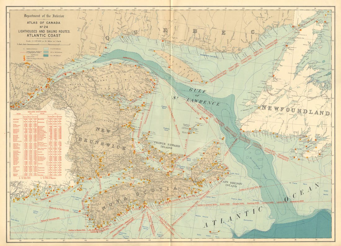 CANADA ATLANTIC COAST. Lighthouses and sailing routes. WHITE 1906 old map: Title: CANADA ATLANTIC COAST. Lighthouses and sailing routes. WHITE 1906 old map Description: Lighthouses and sailing routes. Atlantic coast'. James White , F.R.G.S.. Published 1906. Antique atlas map