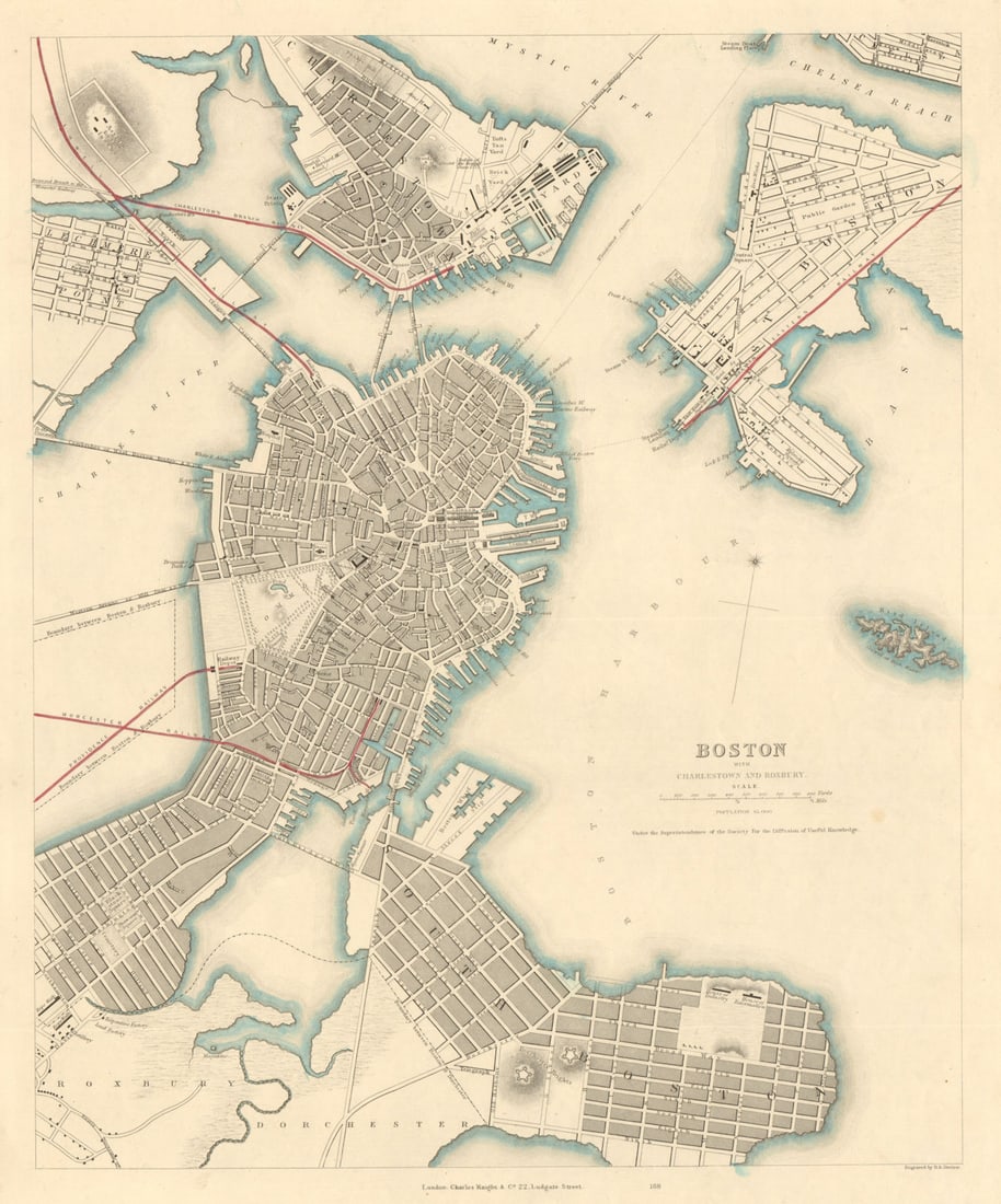 BOSTON WITH CHARLESTOWN AND ROXBURY. Antique town city map plan. SDUK 1847 (1 of 1)