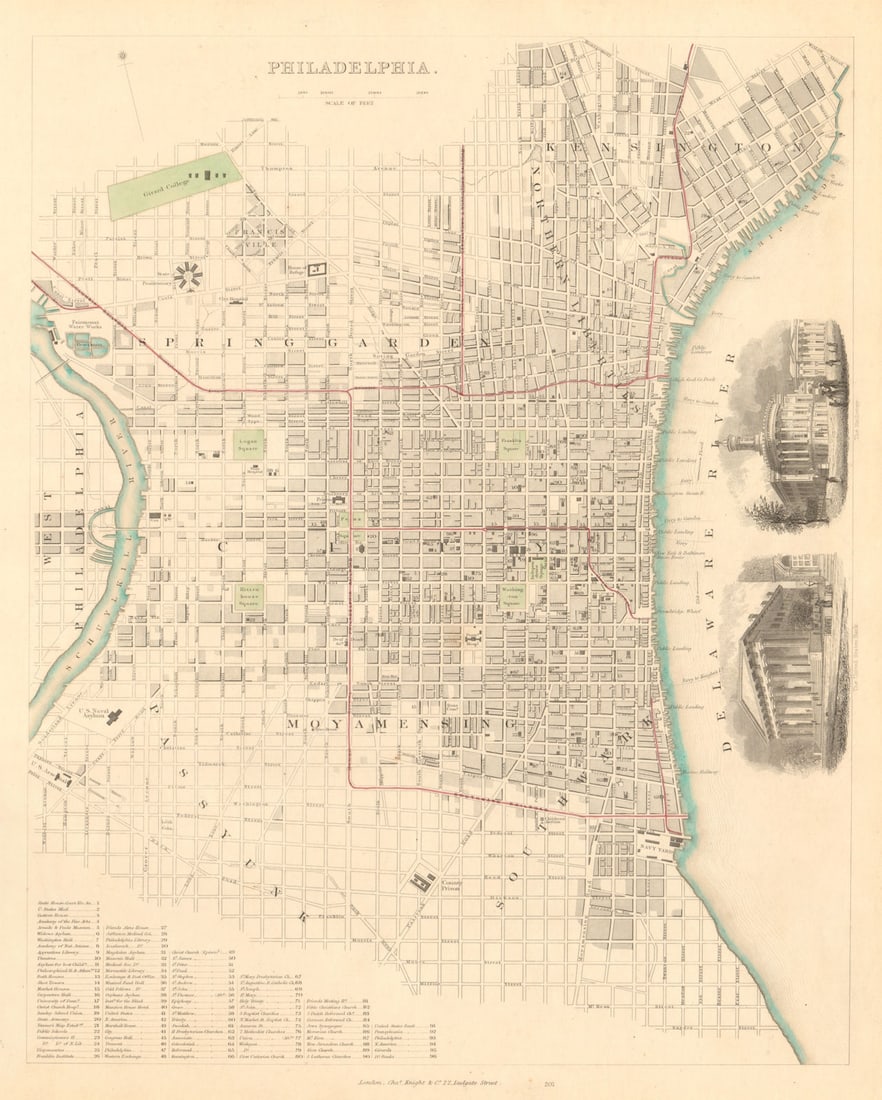PHILADELPHIA. Antique town city map plan. Inset US Bank, Exchange. SDUK 1847 (1 of 1)