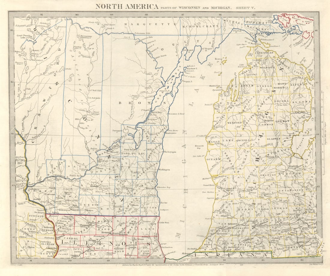 LAKE MICHIGAN. Wisconsin. Michigan excludes Upper Peninsula. SDUK 1846 old map (1 of 1)
