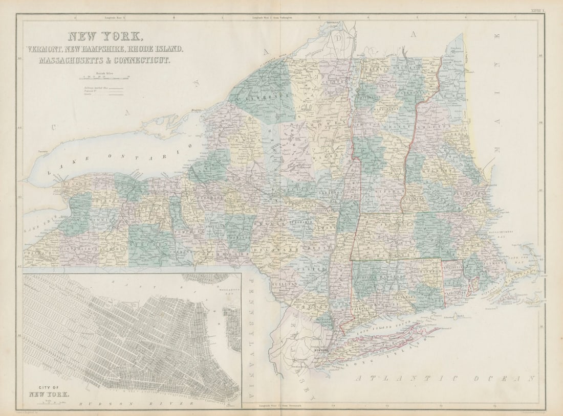 New York & New England. VT CT RI MA NH. NYC Manhattan plan. SIDNEY HALL 1856 map (1 of 1)