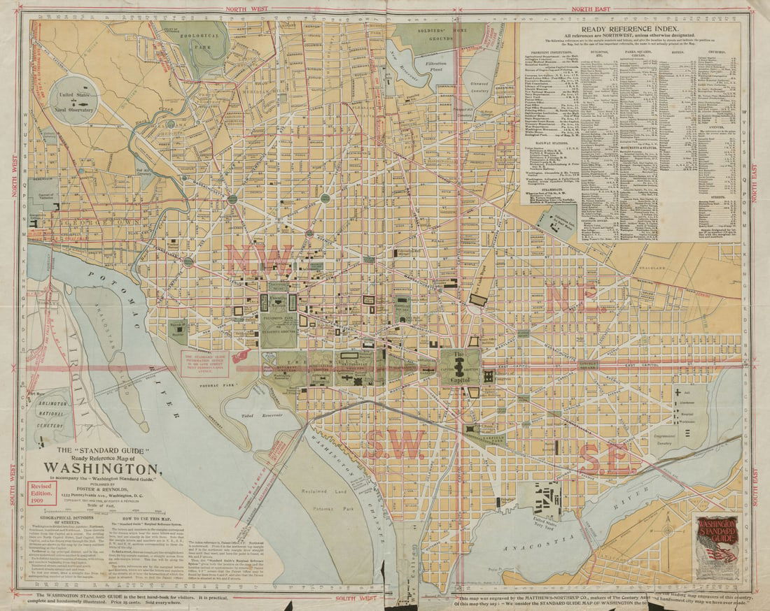 The "Standard Guide" Ready Reference Map of Washington DC 1909 old antique (1 of 1)