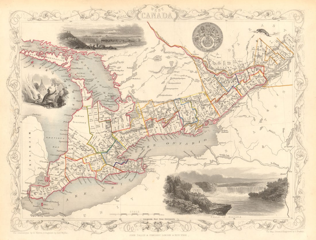 WEST CANADA. Southern Ontario. Shows 'Indian territory' TALLIS & RAPKIN 1851 map (1 of 1)