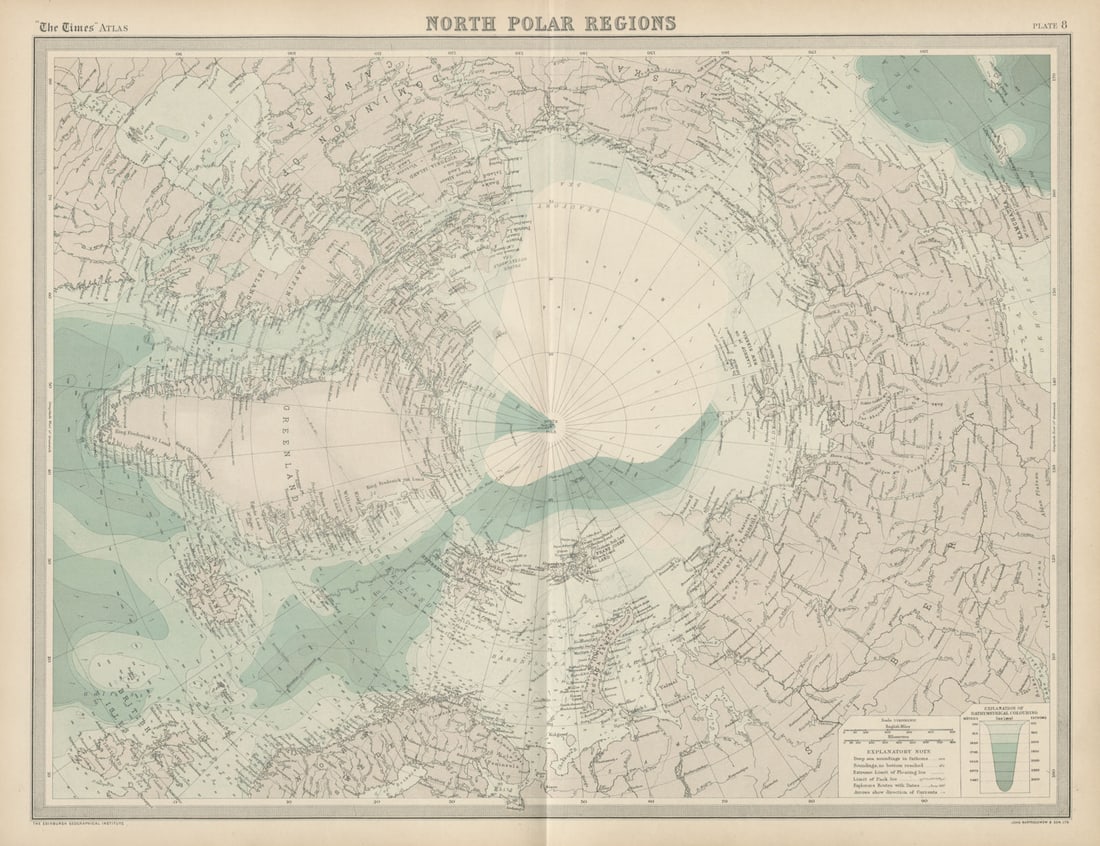 North Pole. Arctic Explorers' tracks Peary 1909. Nansen Cagni. TIMES 1922 map (1 of 1)