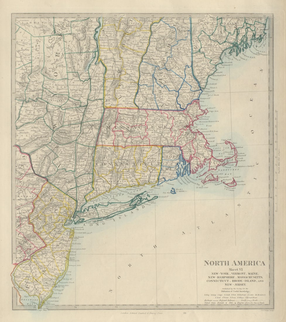 USA New York Maine Massachusetts Connecticut New Jersey NH RI VT.SDUK 1874 map (1 of 1)