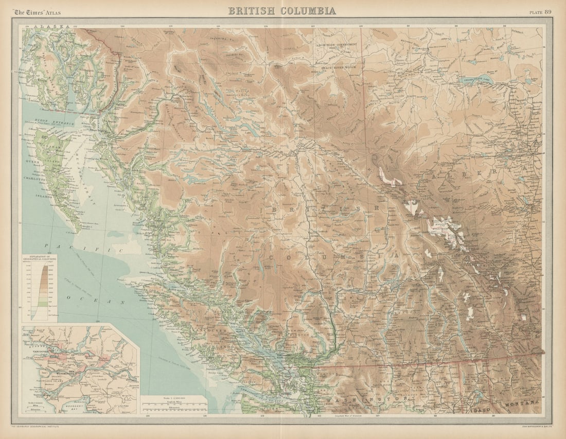 British Columbia. Relief. Rocky Mountains. Vancouver. THE TIMES 1922 old map: Title: British Columbia. Relief. Rocky Mountains. Vancouver. THE TIMES 1922 old map Description: British Columbia'. J. G. Bartholomew. Published 1922. Antique atlas map. Size 45 x 58 cm | 17.5 x 22.5