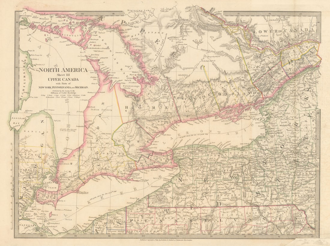 GREAT LAKES.Upper Canada districts <1849.Lake Huron Erie Ontario SDUK 1844 map: Title: GREAT LAKES.Upper Canada districts <1849.Lake Huron Erie Ontario SDUK 1844 map Description: NORTH AMERICA, SHEET III., Upper Canada and New Brunswick with parts of New York, Pennsylvania and
