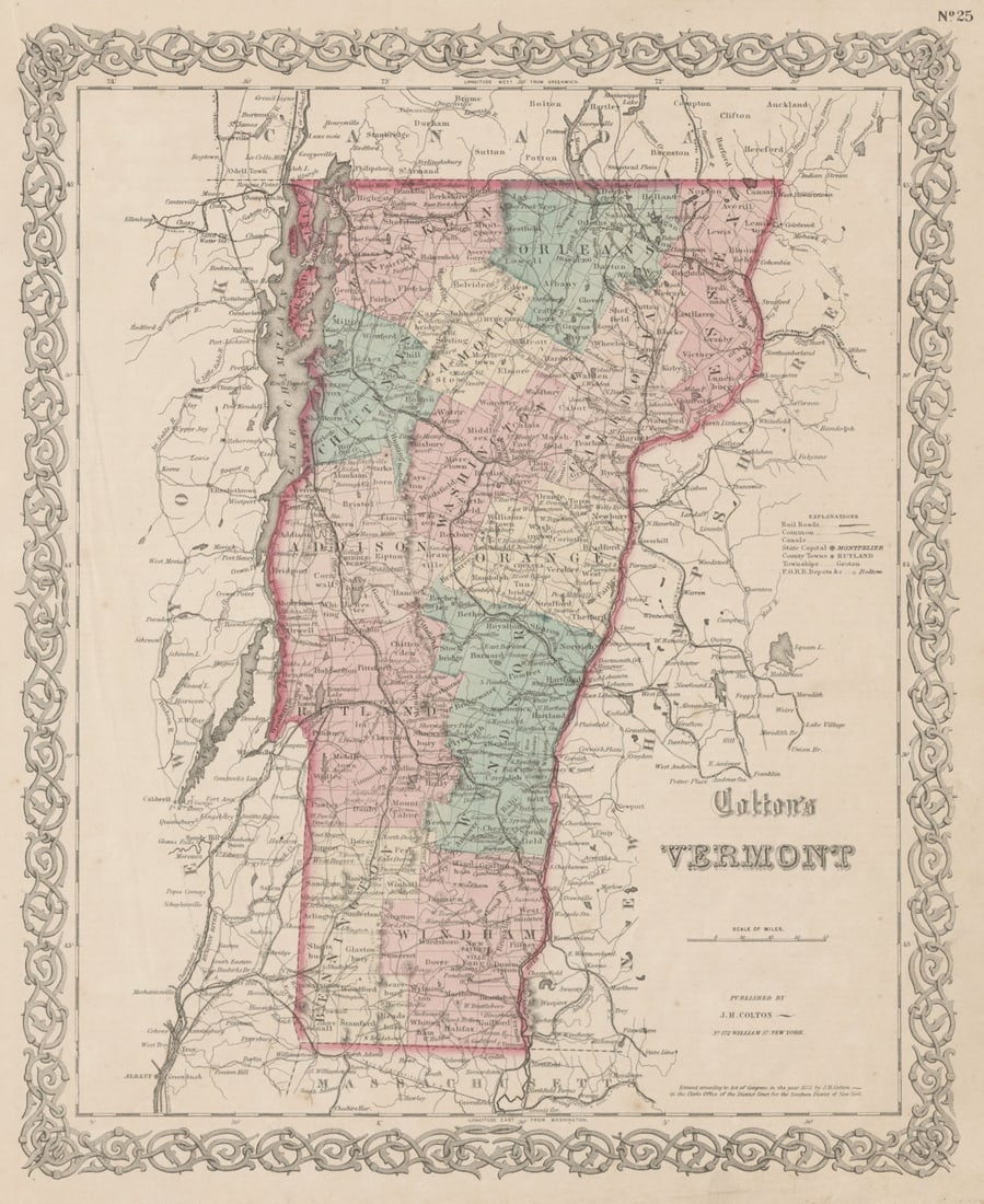 Colton's Vermont. Decorative antique US state map 1863 old chart (1 of 1)