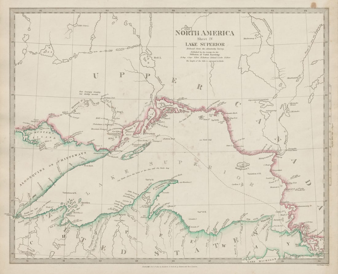 LAKE SUPERIOR.Canada USA Ontario Chippewa Michigan.Indian tribes SDUK 1844 map (1 of 1)