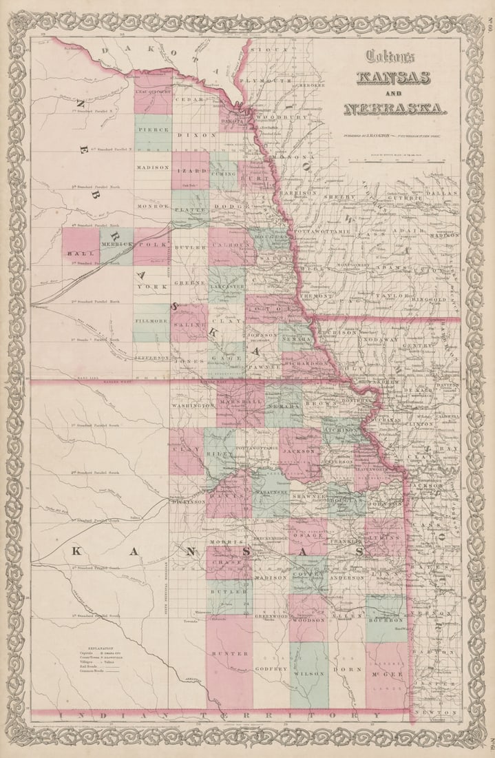 Colton's Kansas and Nebraska. Decorative antique US state map 1863 old (1 of 1)