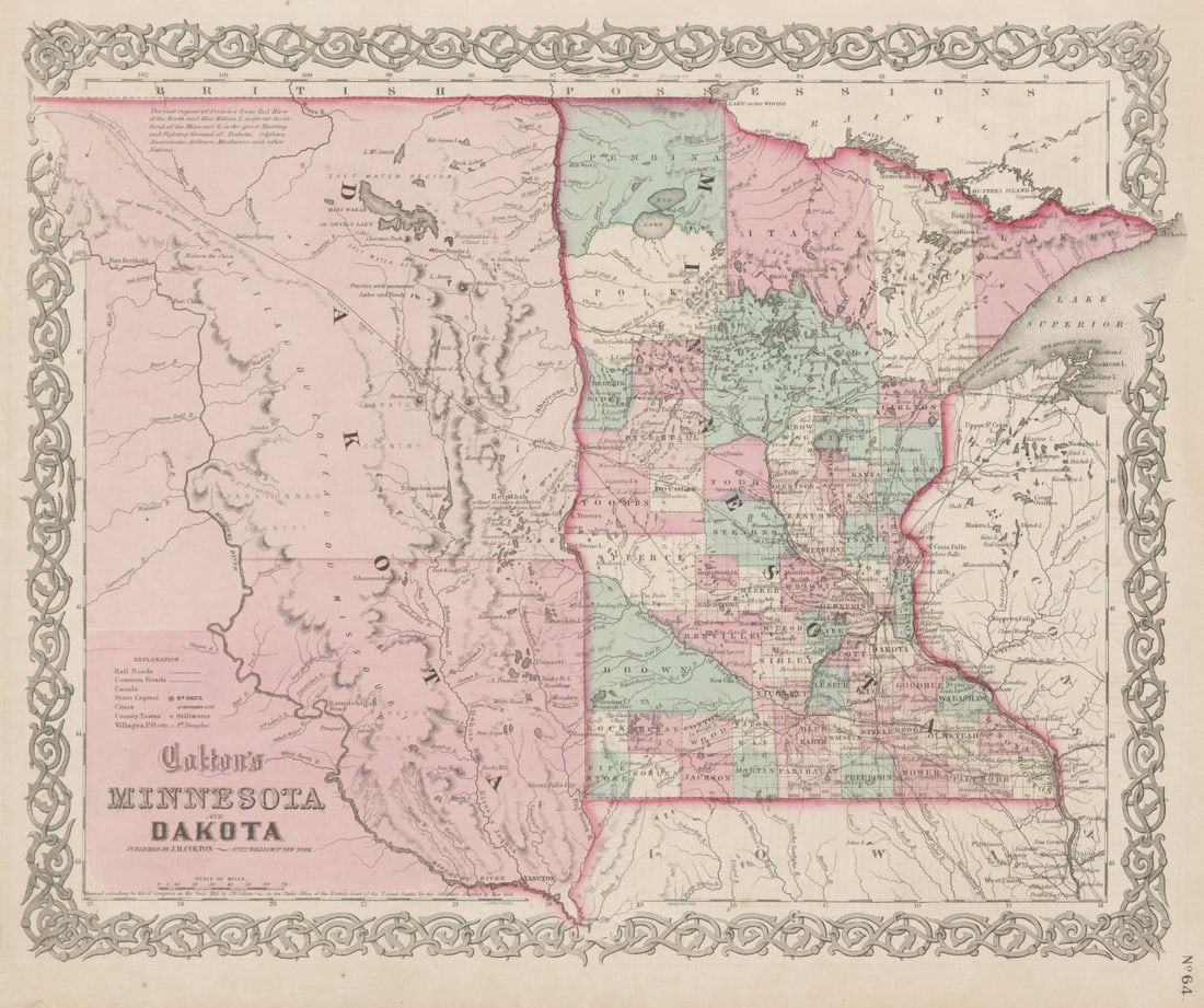 Colton's Minnesota and Dakota. Decorative antique state/territory map 1863: Title: "Colton's Minnesota and Dakota". Decorative antique state/territory map 1863 Description: Colton's Minnesota and Dakota'. The map shows Dakota Territory as it was in 1863. It was divided into