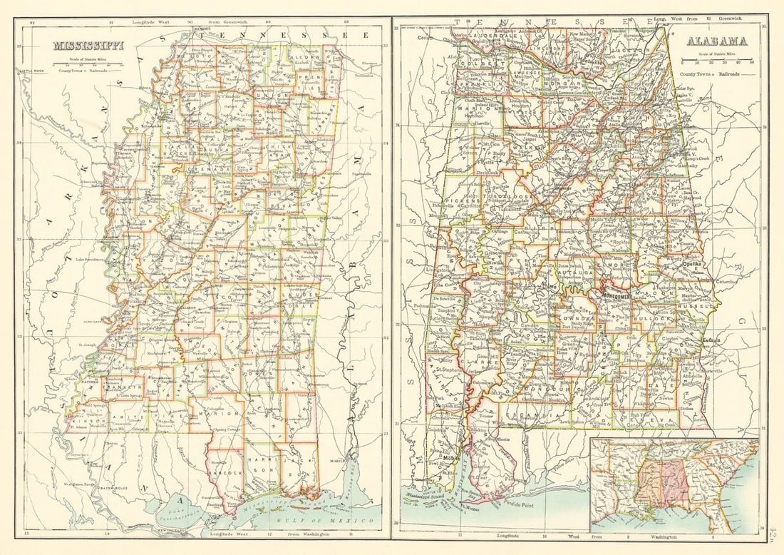 Alabama and Mississippi state maps showing counties. BARTHOLOMEW 1898 old (1 of 1)