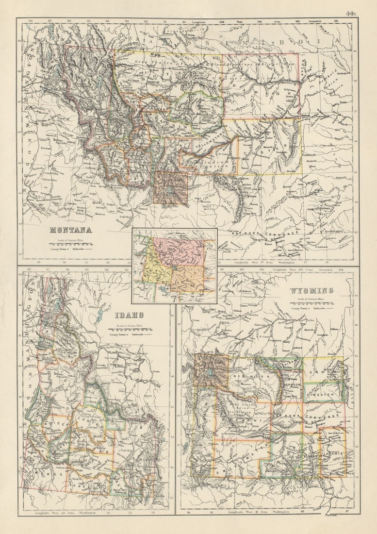 Montana, Idaho, and Wyoming state maps showing counties. BARTHOLOMEW 1898 (1 of 1)