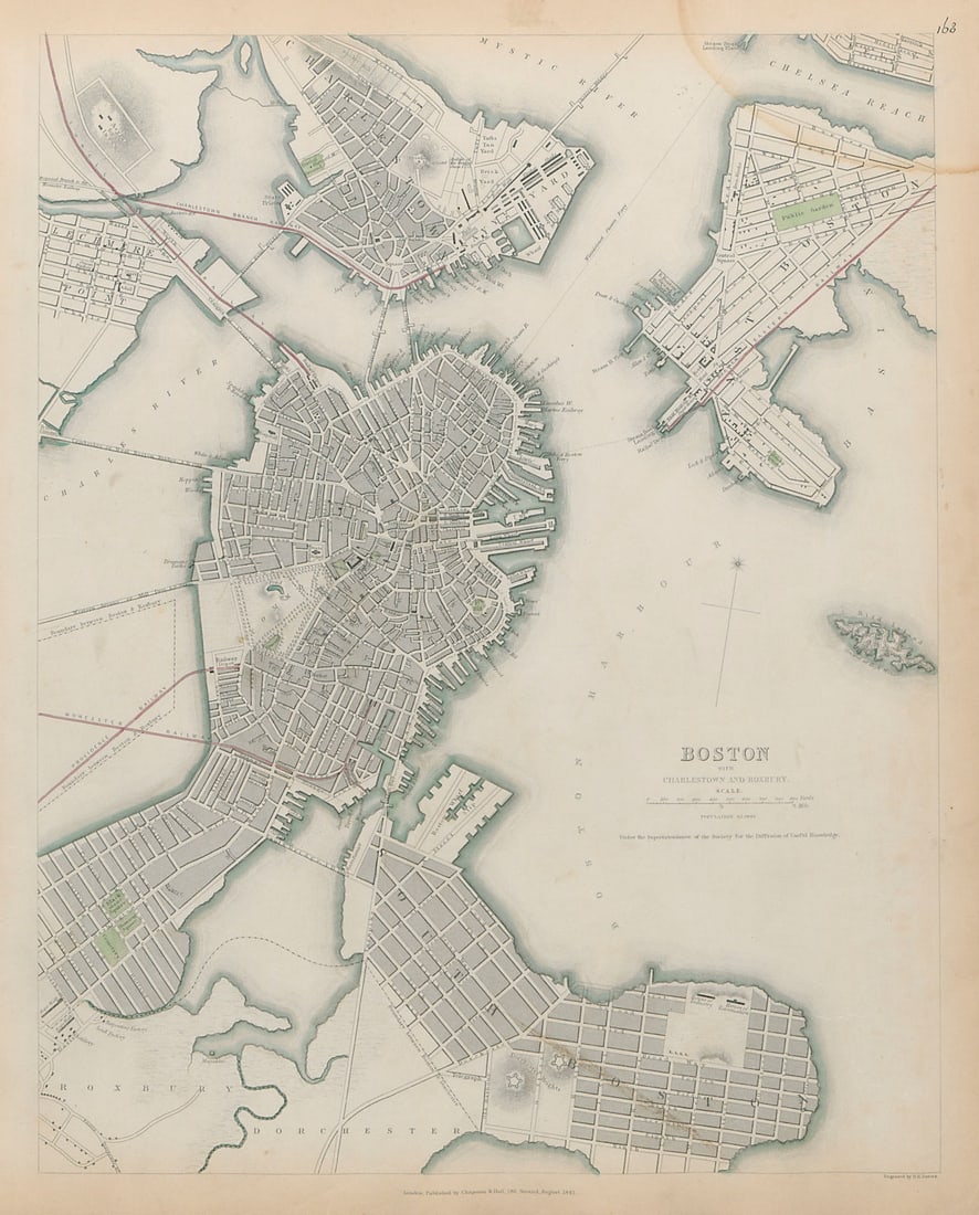 BOSTON WITH CHARLESTOWN AND ROXBURY Antique city town map plan SDUK 1844 (1 of 1)