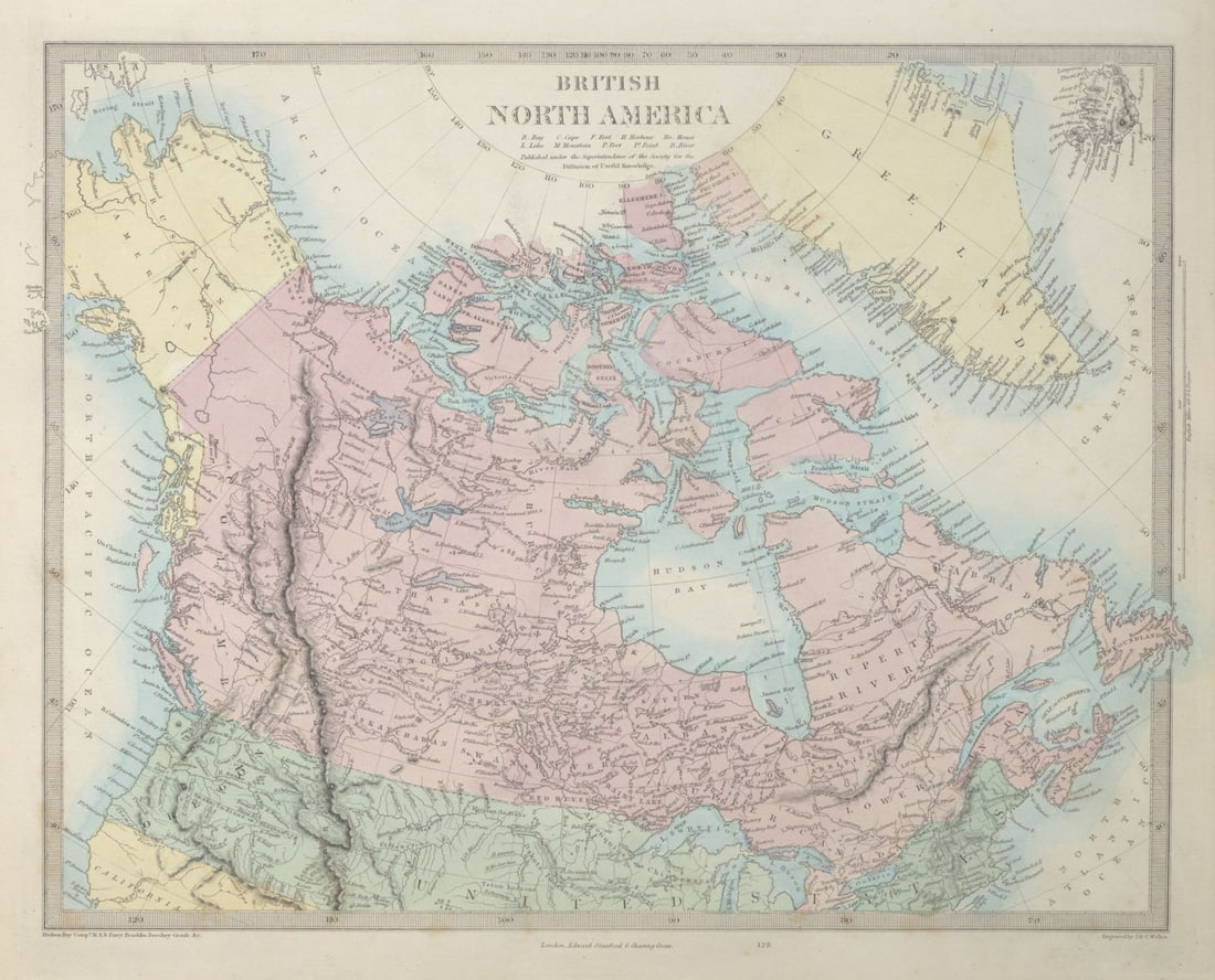 BRITISH NORTH AMERICA. Russian America. Canadian West Greenland. SDUK 1857 map: Title: BRITISH NORTH AMERICA. Russian America. Canadian West Greenland. SDUK 1857 map Description: BRITISH NORTH AMERICA'. The map shows what is now the US state of Alaska as "Russian America" as it w