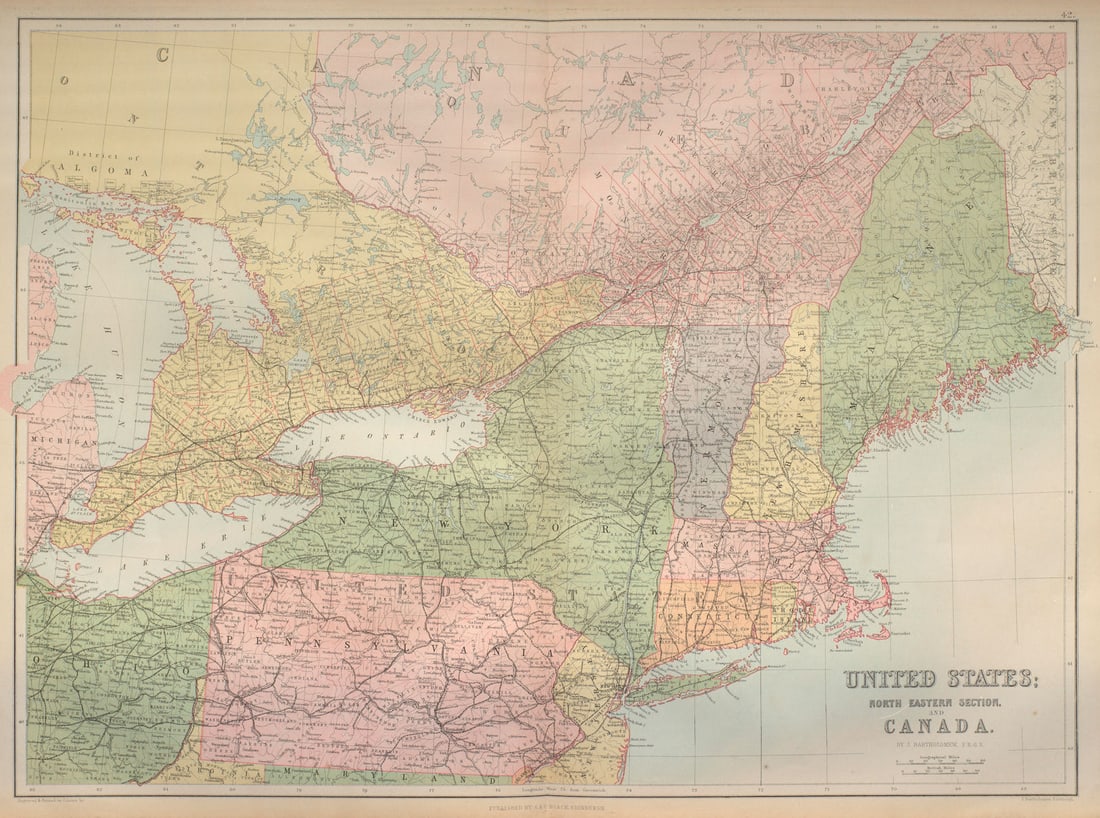North East USA & Canada. Great Lakes. New England NY PA. BARTHOLOMEW 1870 map (1 of 1)