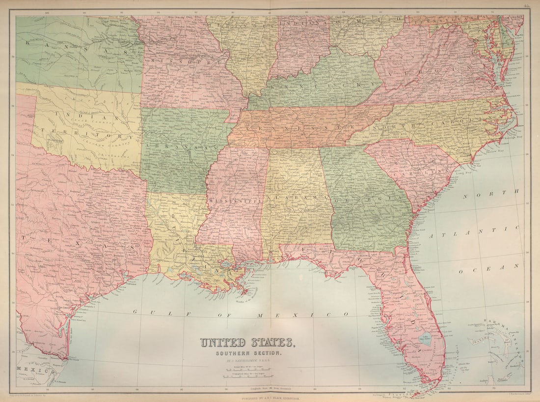Southern United States. USA Gulf Coast. Indian Territory. BARTHOLOMEW 1870 map: Title: Southern United States. USA Gulf Coast. Indian Territory. BARTHOLOMEW 1870 map Description: United States, Southern Section' by Bartholomew, John. Published 1870. Antique atlas map. Size 45 x 6