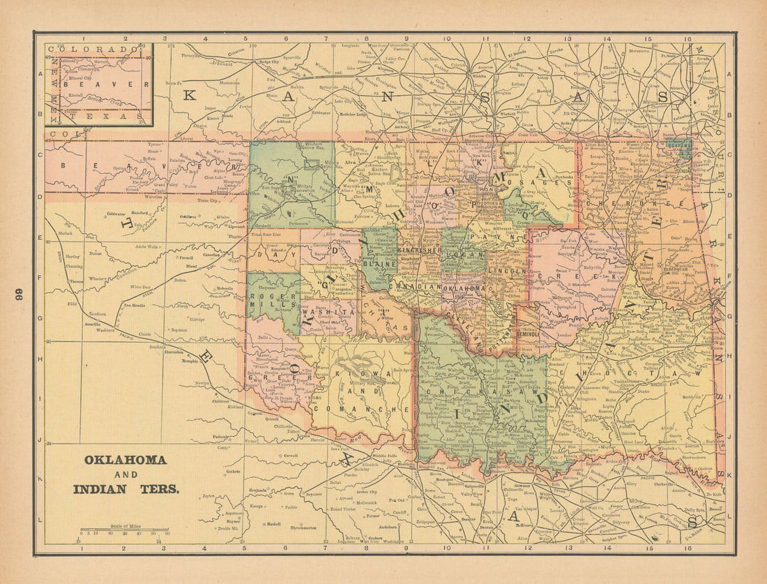 Oklahoma and Indian Territory state map in counties. CRAM 1894 old antique (1 of 1)