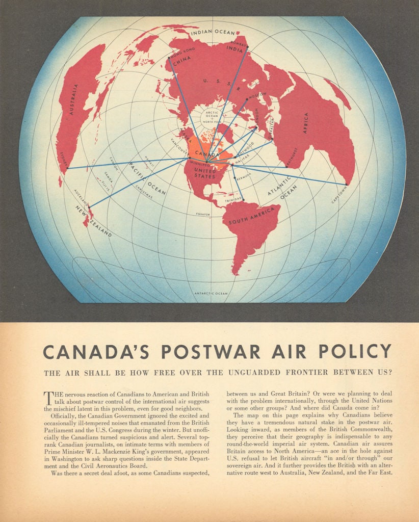 Canada's postwar air policy - The air shall be how free? 1943 old vintage map (1 of 1)