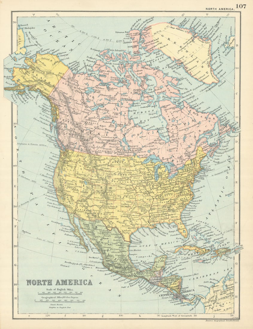NORTH AMERICA Canada USA Mexico Central America West Indies by GW BACON 1898 map (1 of 1)