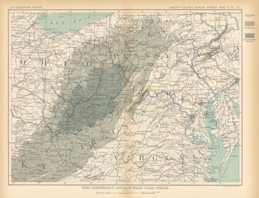 The Northern Appalachian coal field. US Geological Survey 1902 old antique map (1 of 1)