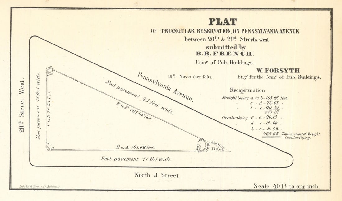 Pennsylvania Avenue between 20th & 21st Streets west. James Monroe Park 1854 map: Title: Pennsylvania Avenue between 20th & 21st Streets west. James Monroe Park 1854 map Description: Plat of triangular reservation on Pennsylvania Avenue, between Twentieth and Twenty-first streets