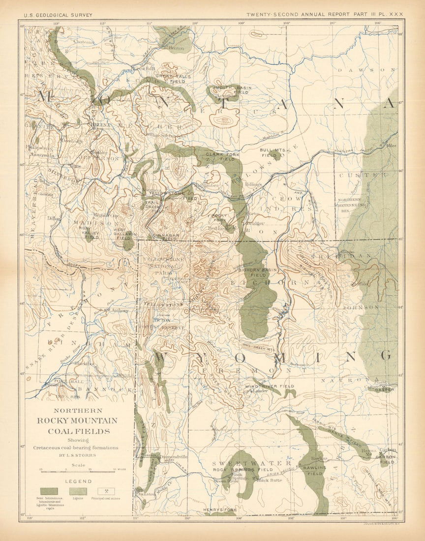 Northern Rocky Mountain coal fields. Montana Wyoming. USGS 1902 old map: Title: Northern Rocky Mountain coal fields. Montana Wyoming. USGS 1902 old map Description: Northern Rocky Mountain coal fields'. United States Geological Survey. Published 1902. Antique colour geolog