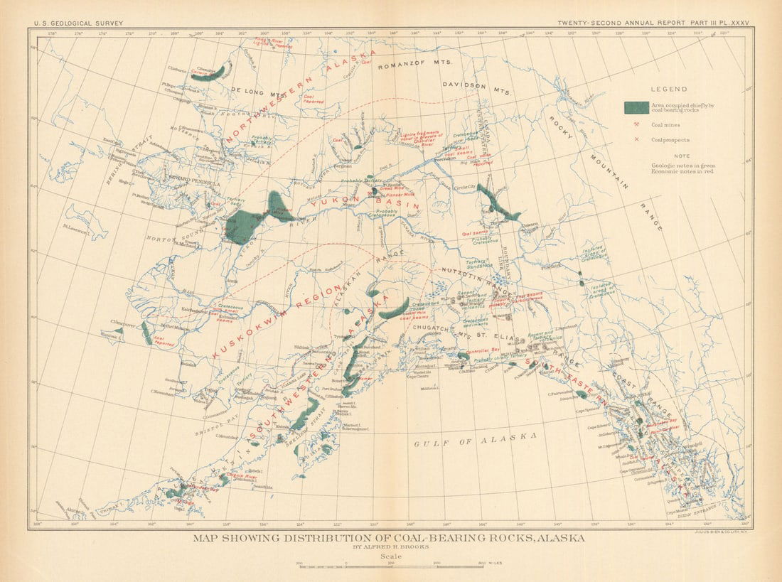 Alaska. Distribution of coal-bearing rocks. US Geological Survey 1902 old map (1 of 1)