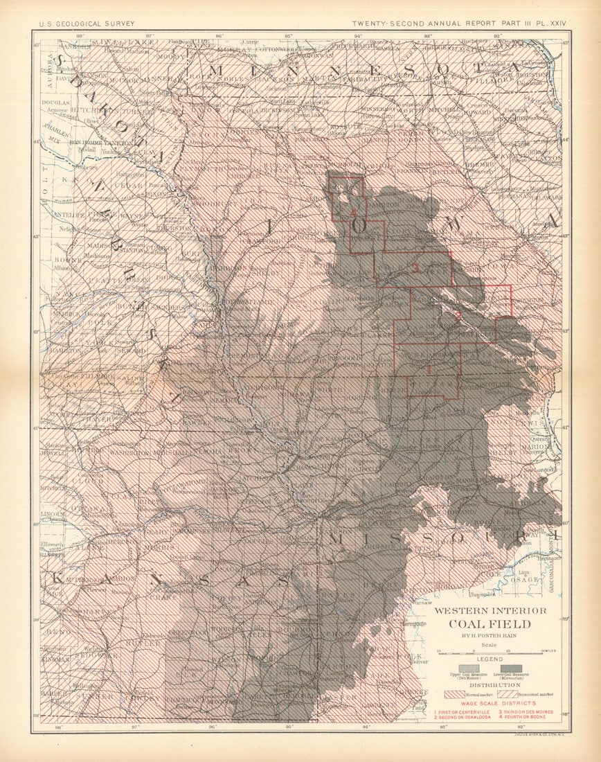 Western Interior coal field. Distribution & markets. Midwest. USGS 1902 map: Title: Western Interior coal field. Distribution & markets. Midwest. USGS 1902 map Description: Western Interior coal field [showing distribution and markets]. United States Geological Survey. Publish