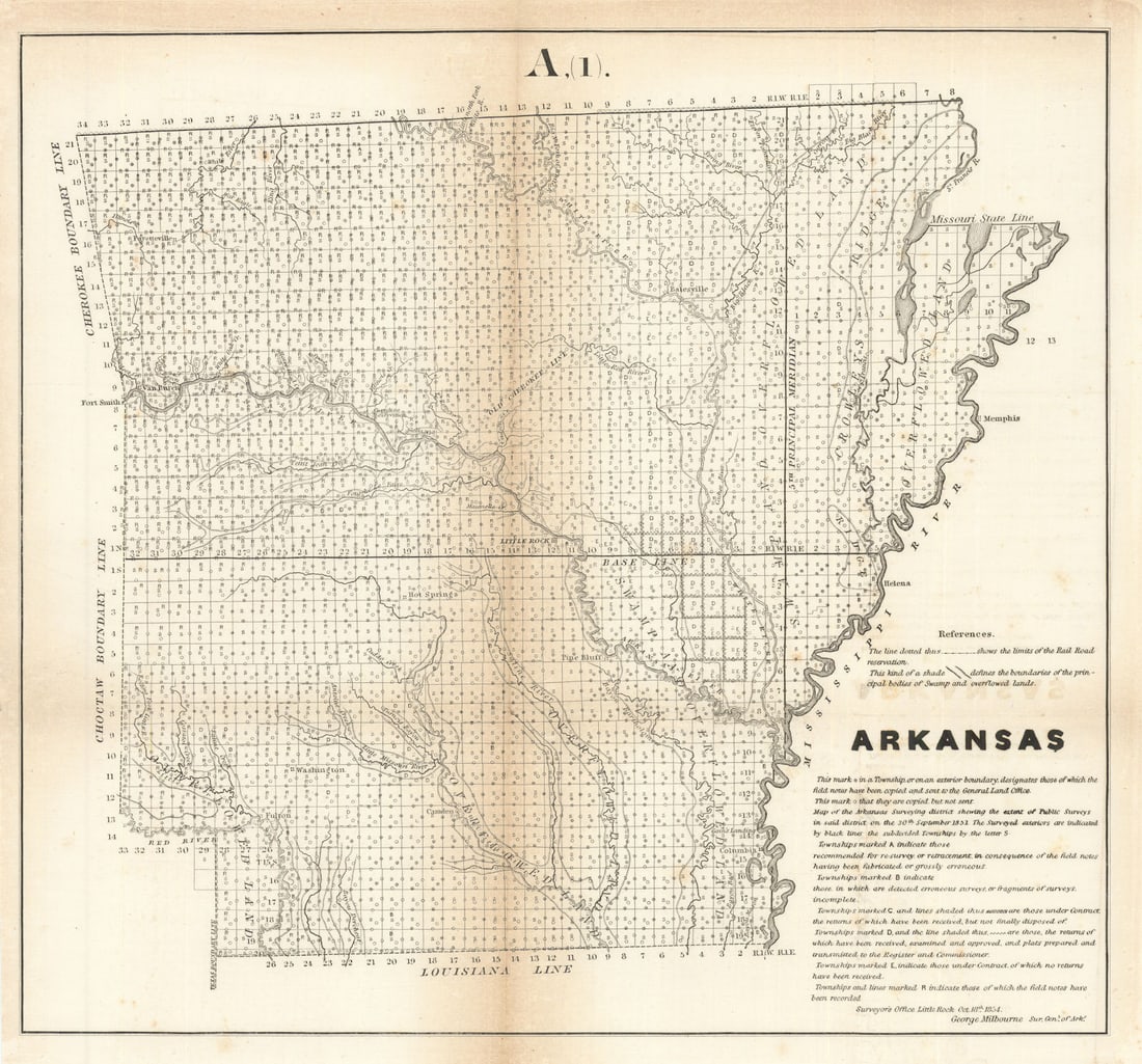 Sketch of the Public Surveys in Arkansas. US Topographical Bureau 1854 old map (1 of 1)