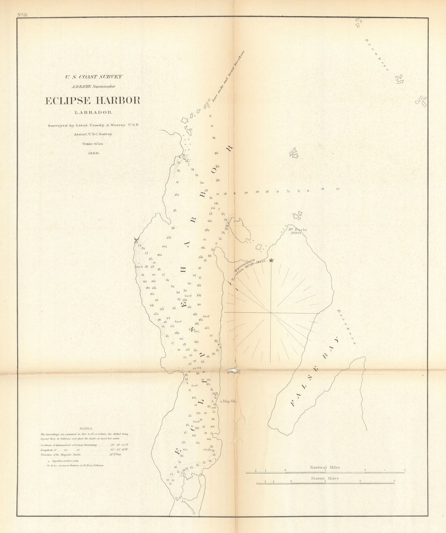 US Coast Survey chart. Eclipse Harbor, Labrador. Mount Bache, Torngats 1860 map: Title: US Coast Survey chart. Eclipse Harbor, Labrador. Mount Bache, Torngats 1860 map Description: U.S. Coast Survey Eclipse Harbor, Labrador surveyed by Lieut. Comdg. A. Murray U.S.N. Assist. U.S.C.