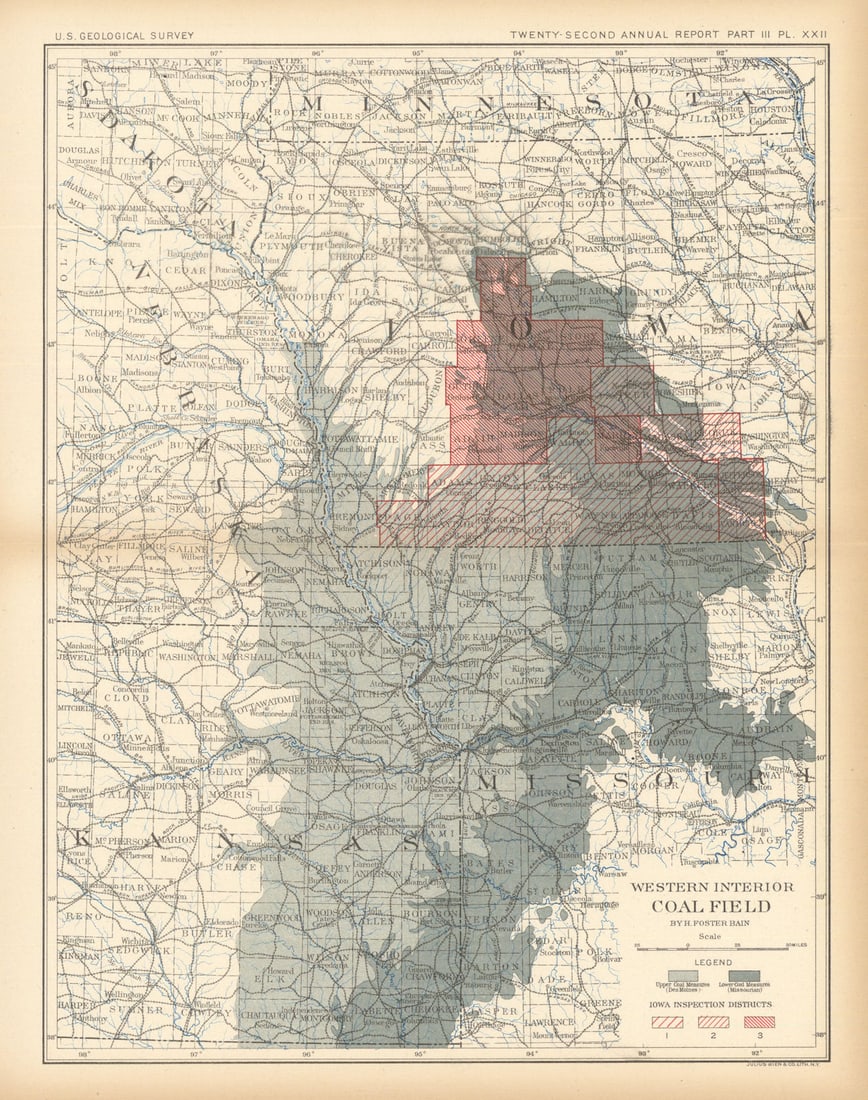 Western Interior coal field. Midwestern USA. US Geological Survey 1902 old map: Title: Western Interior coal field. Midwestern USA. US Geological Survey 1902 old map Description: Western Interior coal field'. United States Geological Survey. Published 1902. Antique colour geologi