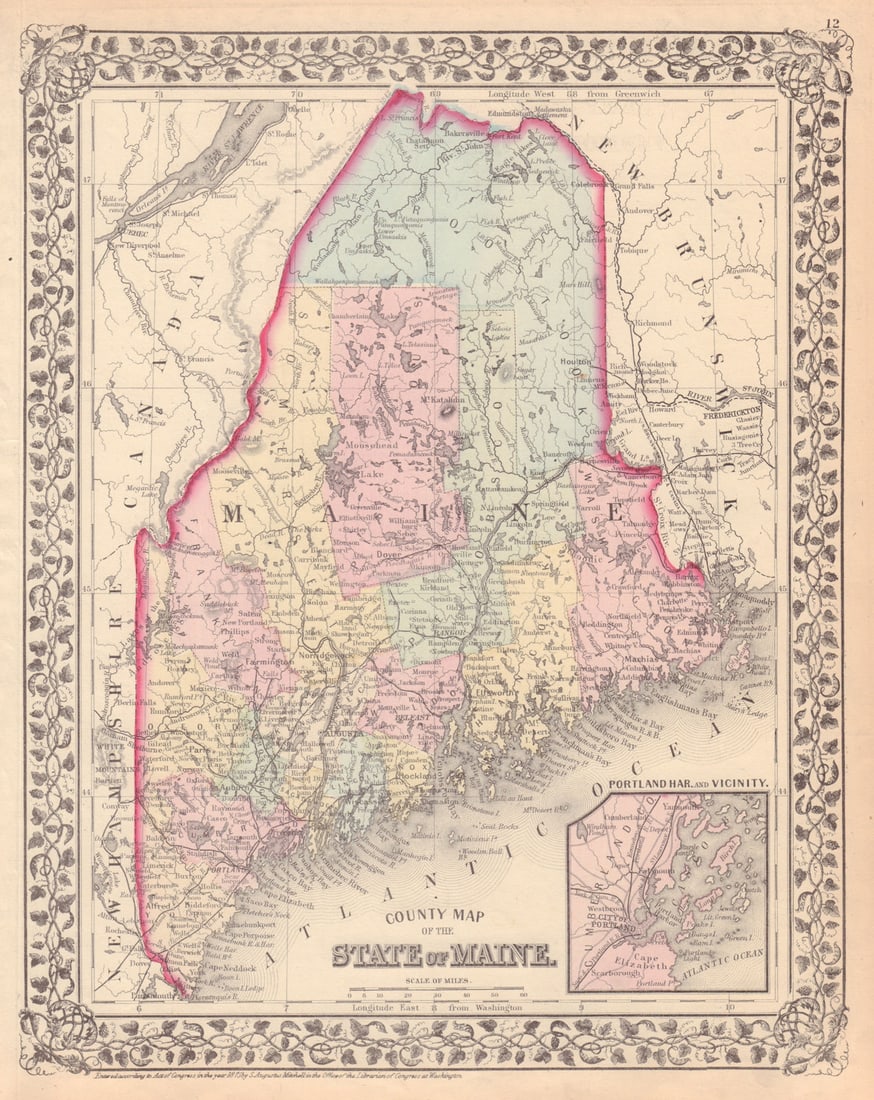 County Map of the State of Maine by S. Augustus Mitchell 1875 old antique (1 of 1)