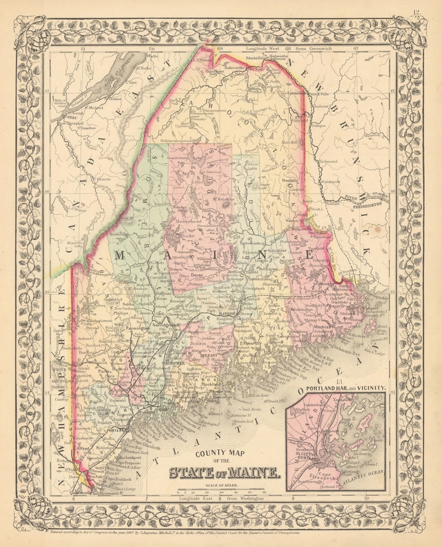 County map of the State of Maine. S. Augustus Mitchell. Portland Harbor 1869 (1 of 1)