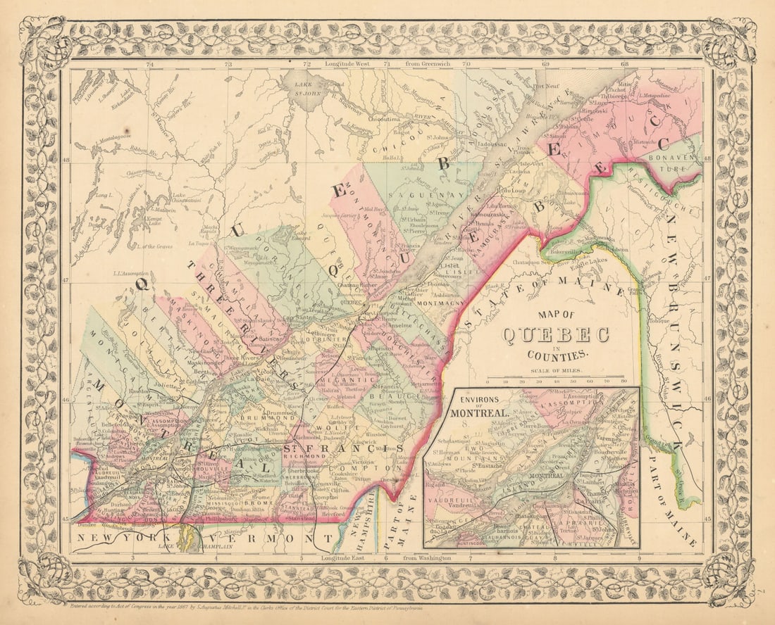 Map of Quebec in Counties. Montreal. St. Lawrence. Canada. MITCHELL 1869 (1 of 1)