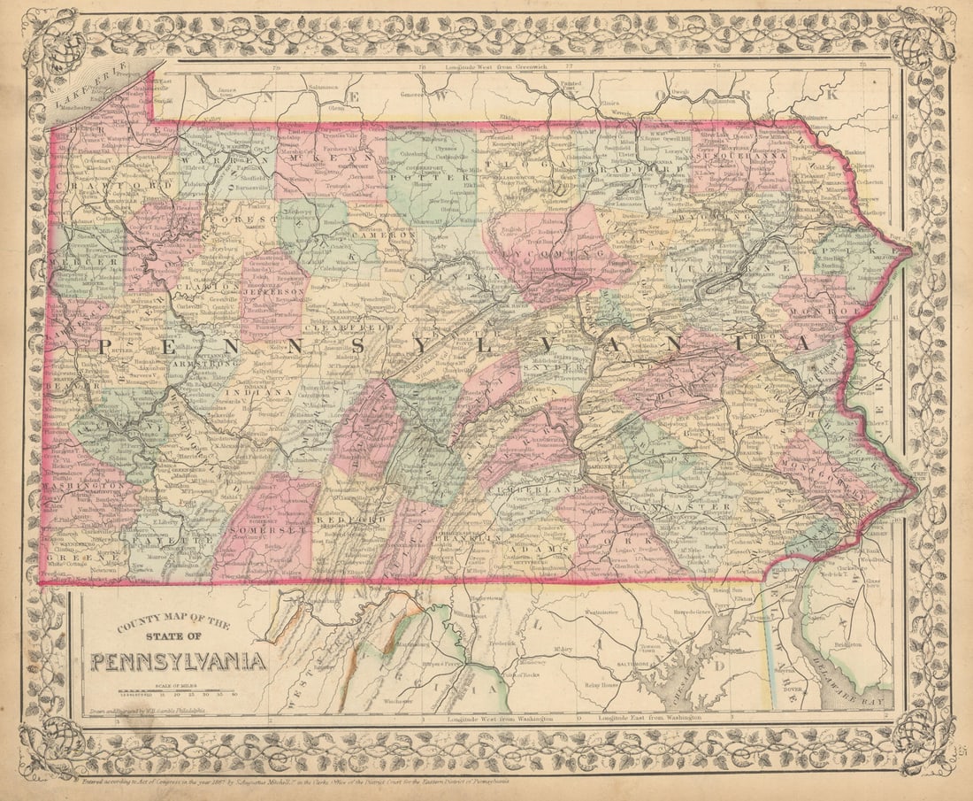 County map of the State of Pennsylvania by Samuel Augustus Mitchell 1869 (1 of 1)