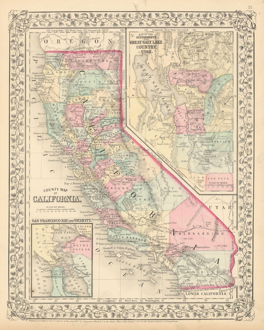 County map of California. The Great Salt Lake Country, Utah. MITCHELL 1869: Title: County map of California. The Great Salt Lake Country, Utah. MITCHELL 1869 Description: County map of California // Map of the Settlements in the Great Salt Lake Country, Utah // San Francisco
