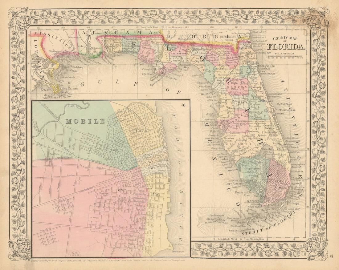 County map of Florida with Mobile city plan by Samuel Augustus Mitchell 1869 (1 of 1)