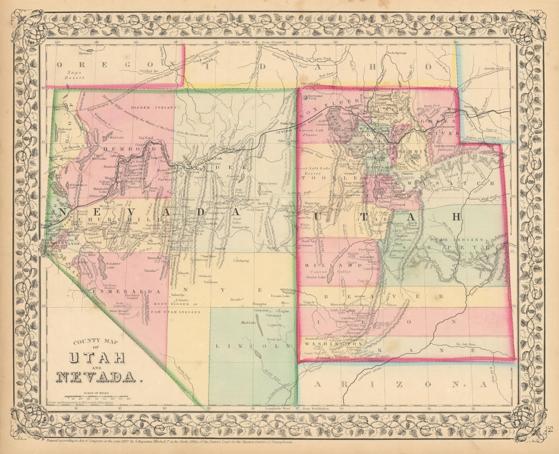 County map of Utah and Nevada by Samuel Augustus Mitchell. State map 1869: Title: County map of Utah and Nevada by Samuel Augustus Mitchell. State map 1869 Description: County map of Utah and Nevada' by Mitchell, Samuel Augustus Jr.. Published 1869. Decorative antique atlas