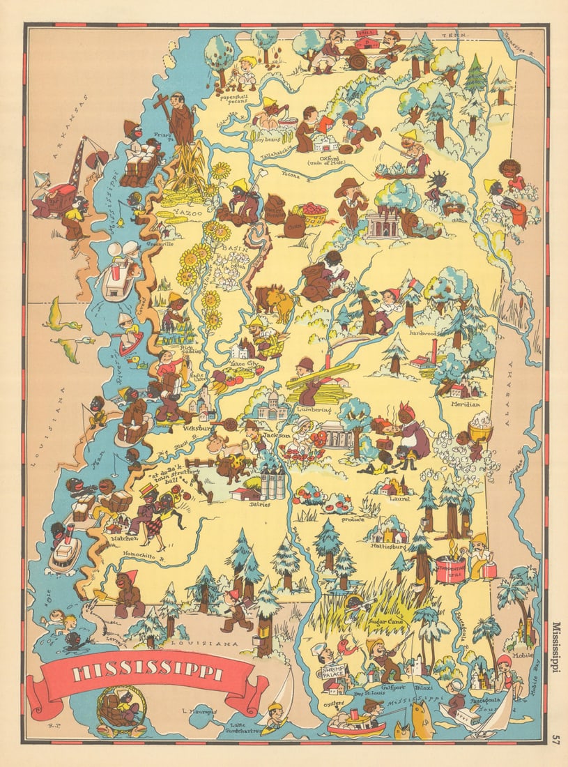 Mississippi. Pictorial state map by Ruth Taylor White 1935 old vintage (1 of 1)