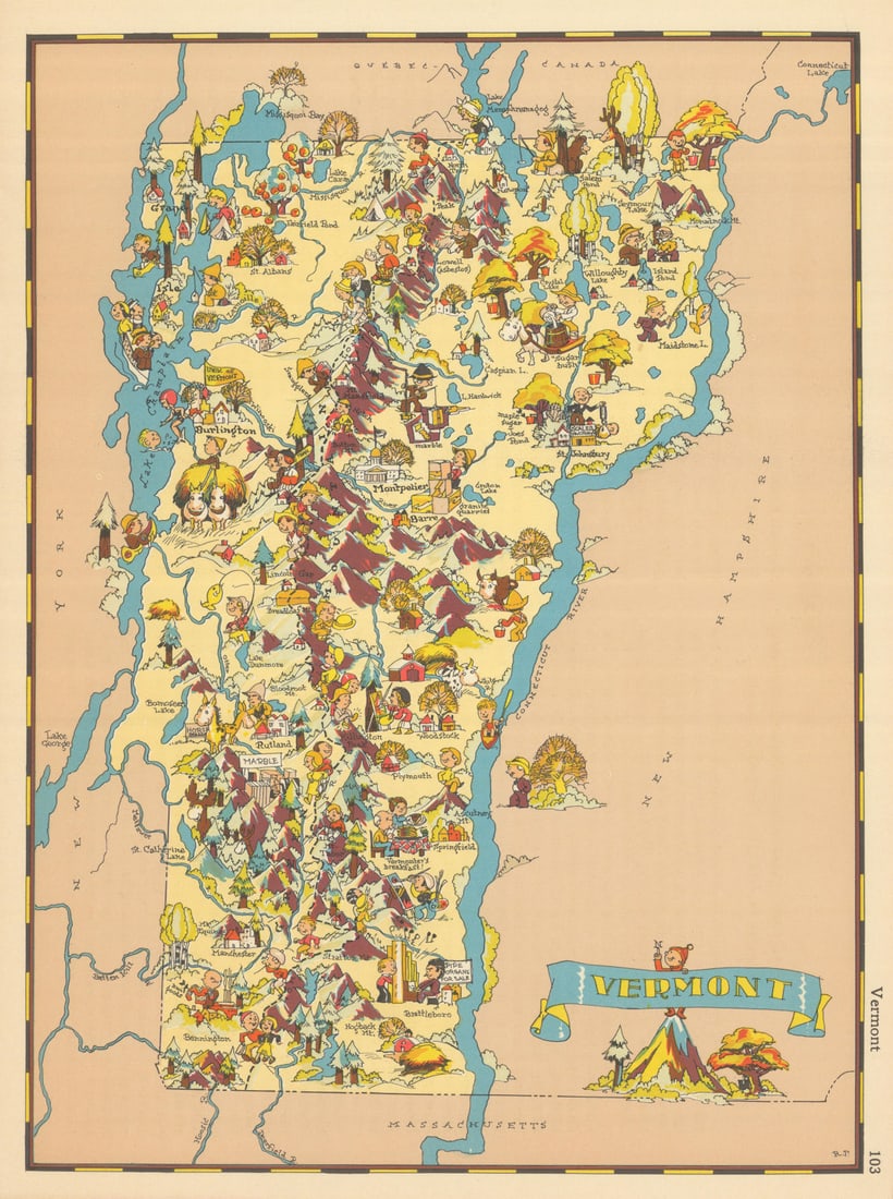 Vermont. Pictorial state map by Ruth Taylor White 1935 old vintage chart (1 of 1)